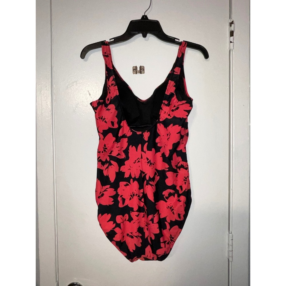 Aqua Green Womens Floral One Piece Swimsuit Black Red Cinch Bust Size Large - Picture 3 of 5